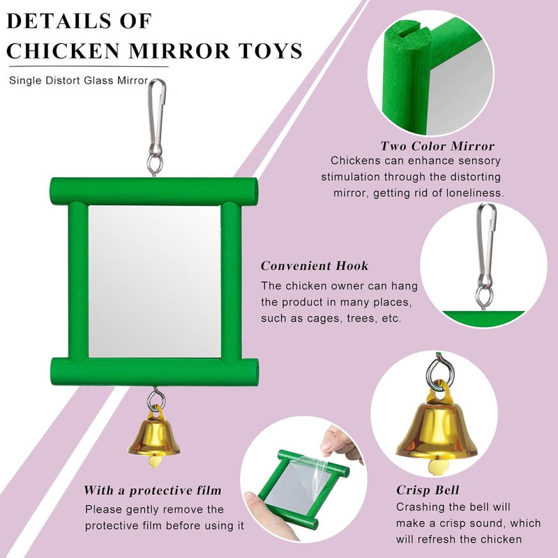 Sumind لعبة مرآة دجاج معلقة من قطعتين مع جرس ولعبة نقر خشبية و4 قطع من أحجار طحن المنقار للدجاج والطيور والببغاوات (أخضر، بنفسجي) - Image 4